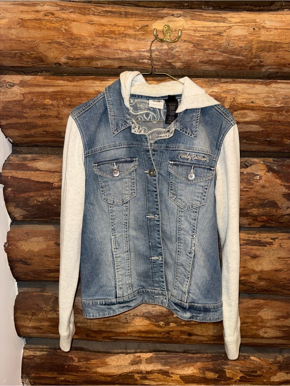 😍Great Used Condition Harley-Davidson Blue Denim Jacket with Hoodie & Sleeves